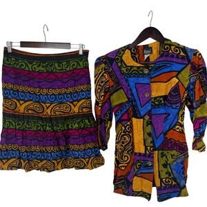 Vintage Kwai 90s Skirt Set Womens 6 Paisley Geometric Jewel Tone 2 Piece